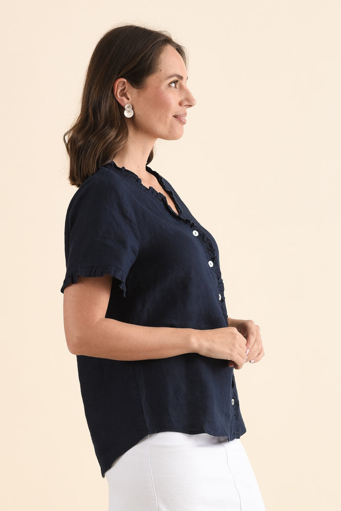 Audrey Navy Linen Button Top,Side,Brunette model,alt text|model:MJ