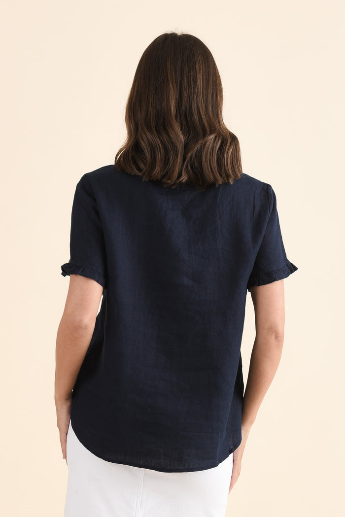 Audrey Navy Linen Button Top,Back,Brunette model,alt text|model:MJ