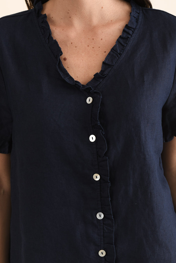 Audrey Navy Linen Button Top,Detail,Brunette model,alt text|model:MJ