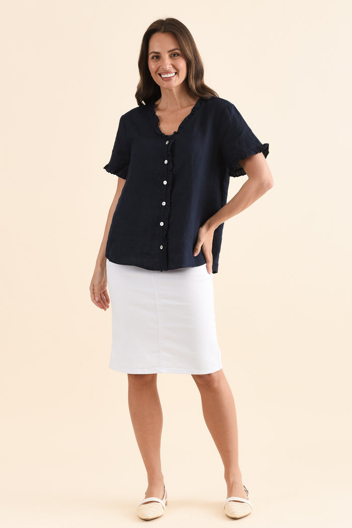 Audrey Navy Linen Button Top,Full Body,Brunette model,alt text|model:MJ