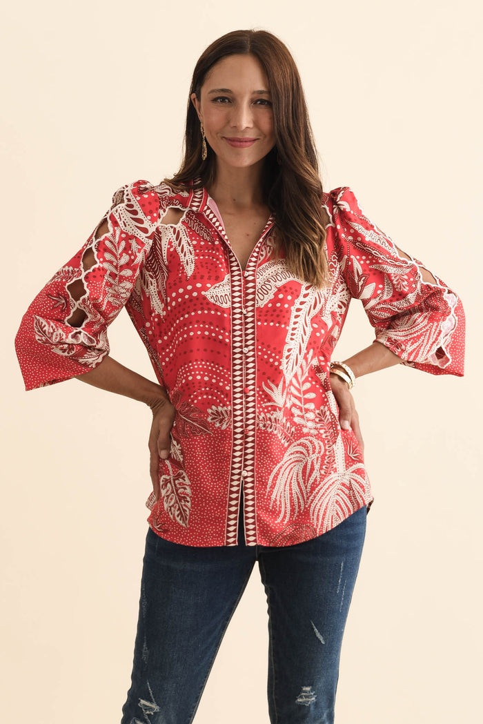 Audrey Red Palm Embroidered Blouse,Brunette model,alt text|model:Cara