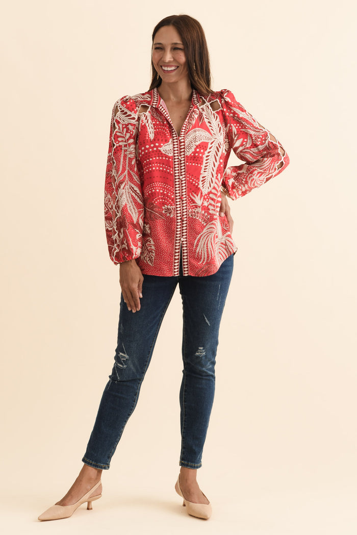 Audrey Red Palm Embroidered Blouse,Brunette model,alt text|model:Cara