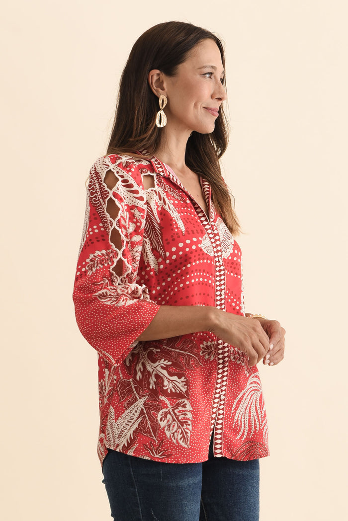 Audrey Red Palm Embroidered Blouse,Brunette model,alt text|model:Cara