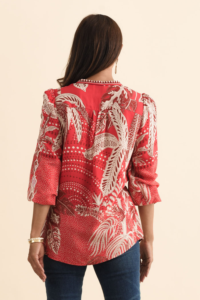 Audrey Red Palm Embroidered Blouse,Brunette model,alt text|model:Cara