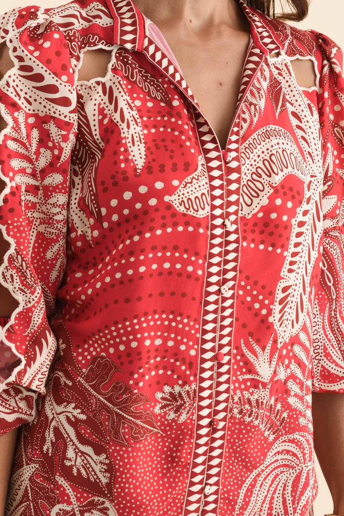 Audrey Red Palm Embroidered Blouse,Brunette model,alt text|model:Cara