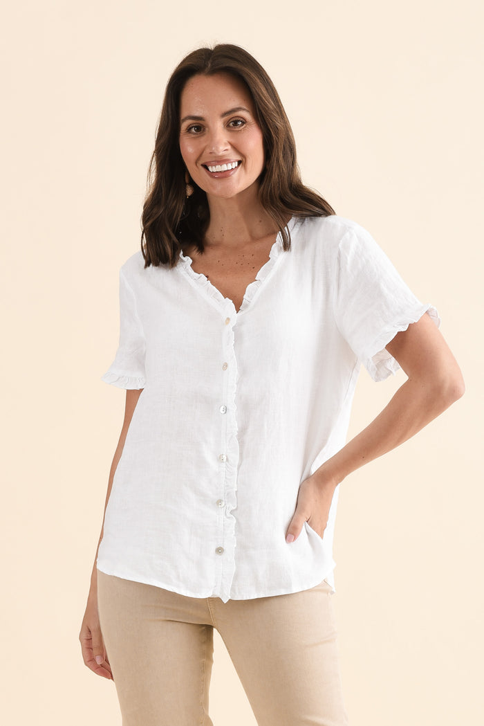 Audrey White Linen Button Top,Front,Brunette model,alt text|model:MJ