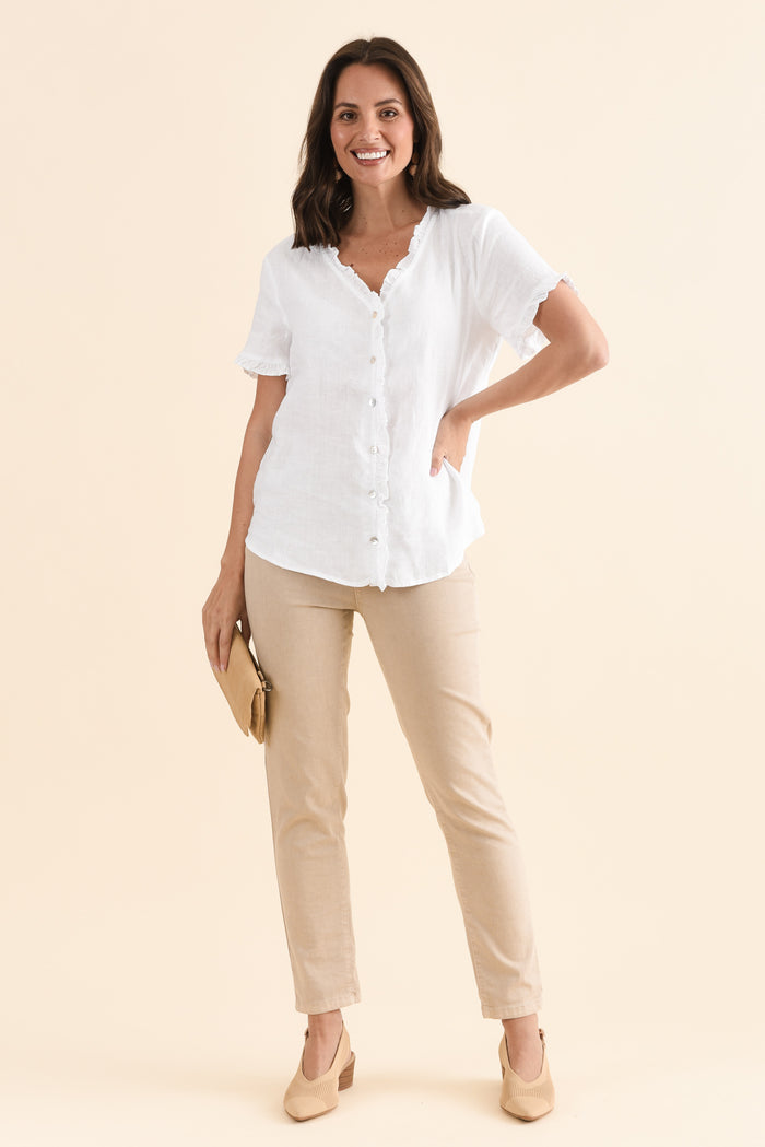 Audrey White Linen Button Top,Full Body,Brunette model,alt text|model:MJ