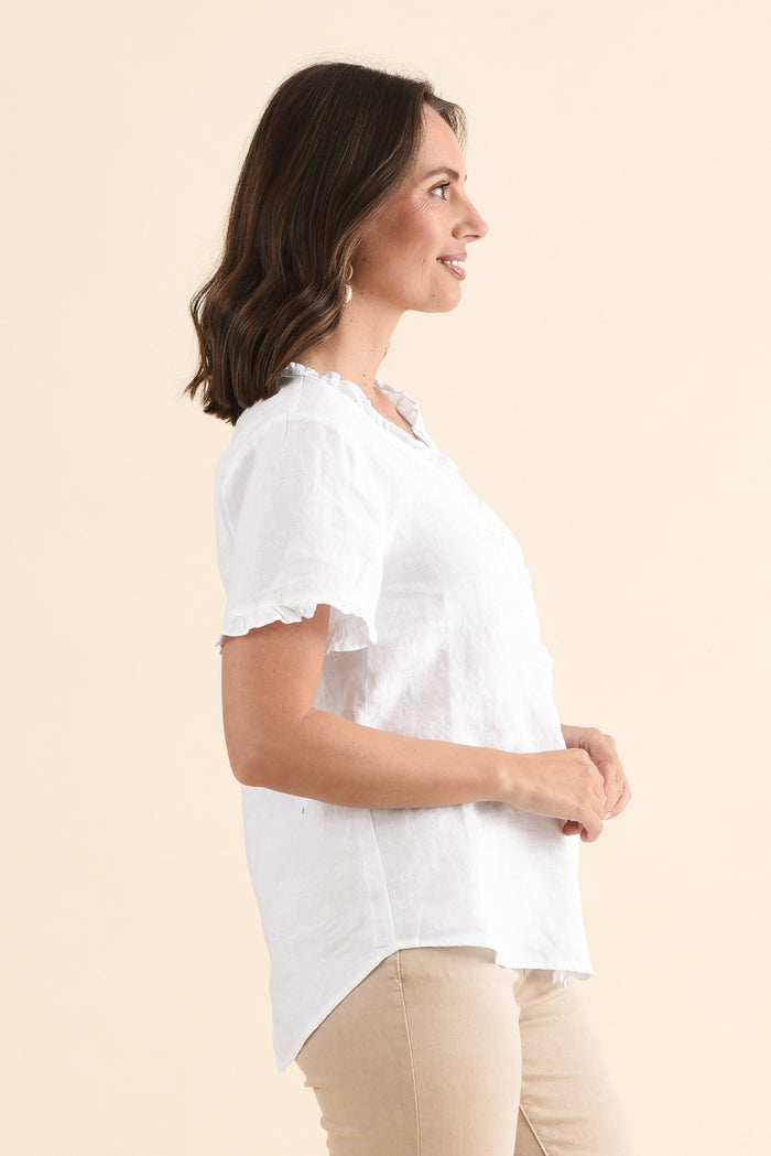 Audrey White Linen Button Top,Side,Brunette model,alt text|model:MJ