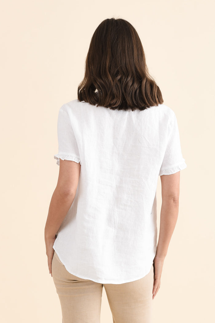 Audrey White Linen Button Top,Back,Brunette model,alt text|model:MJ