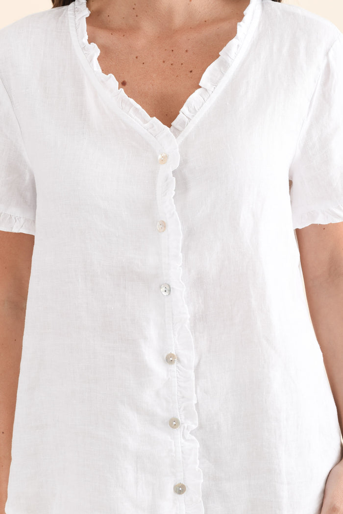 Audrey White Linen Button Top,Detail,Brunette model,alt text|model:MJ