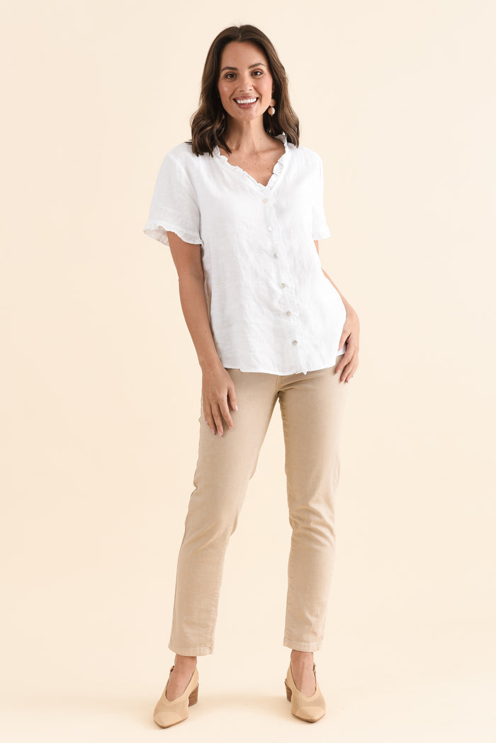 Audrey White Linen Button Top,Full Body,Brunette model,alt text|model:MJ