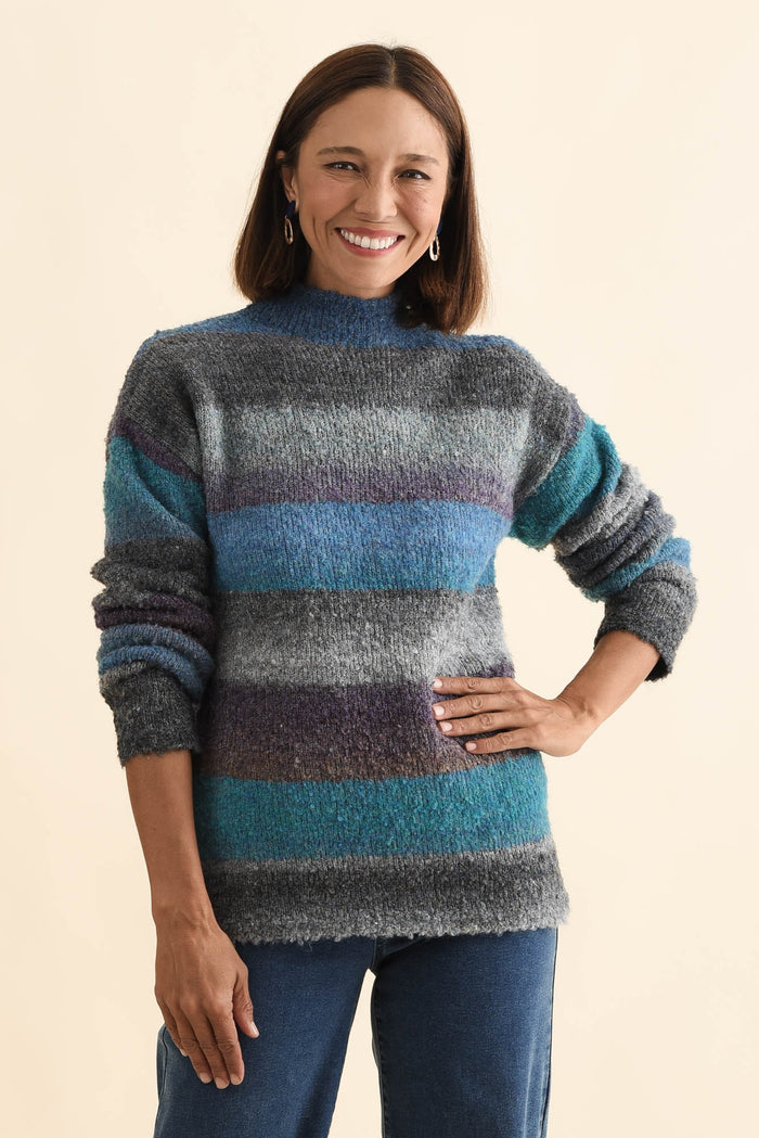 Augie Blue Stripe Knit Jumper,Brunette model,alt text|model:Cara