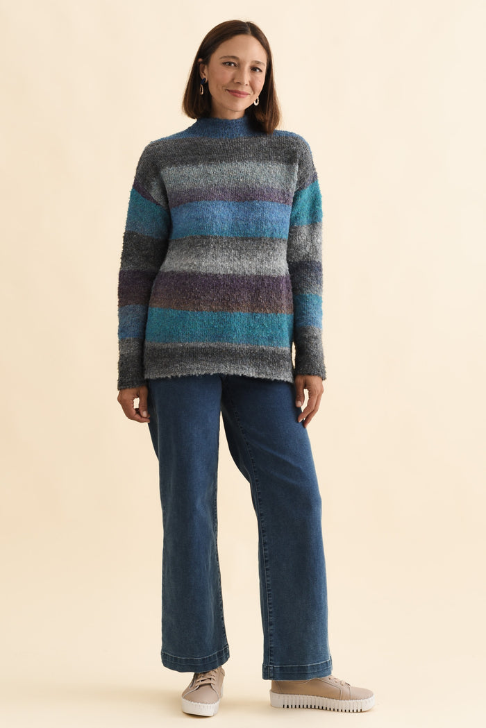 Augie Blue Stripe Knit Jumper,Brunette model,alt text|model:Cara