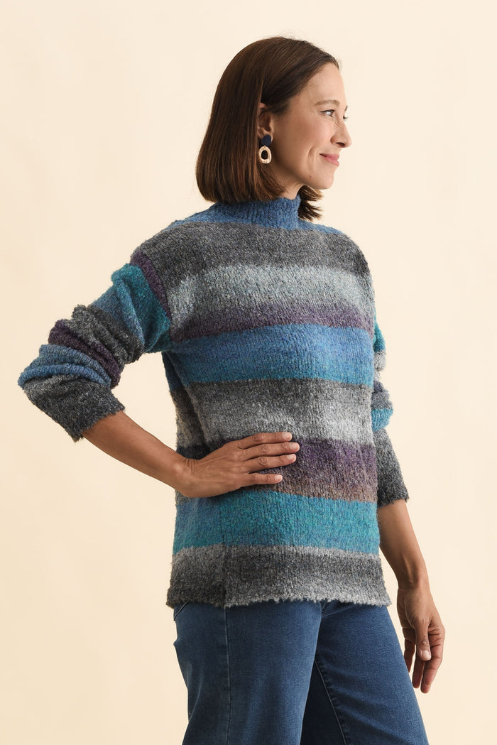 Augie Blue Stripe Knit Jumper,Brunette model,alt text|model:Cara