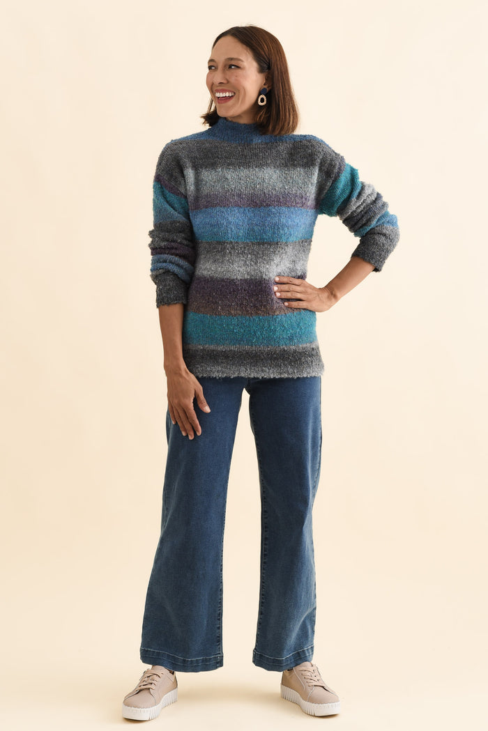 Augie Blue Stripe Knit Jumper,Brunette model,alt text|model:Cara