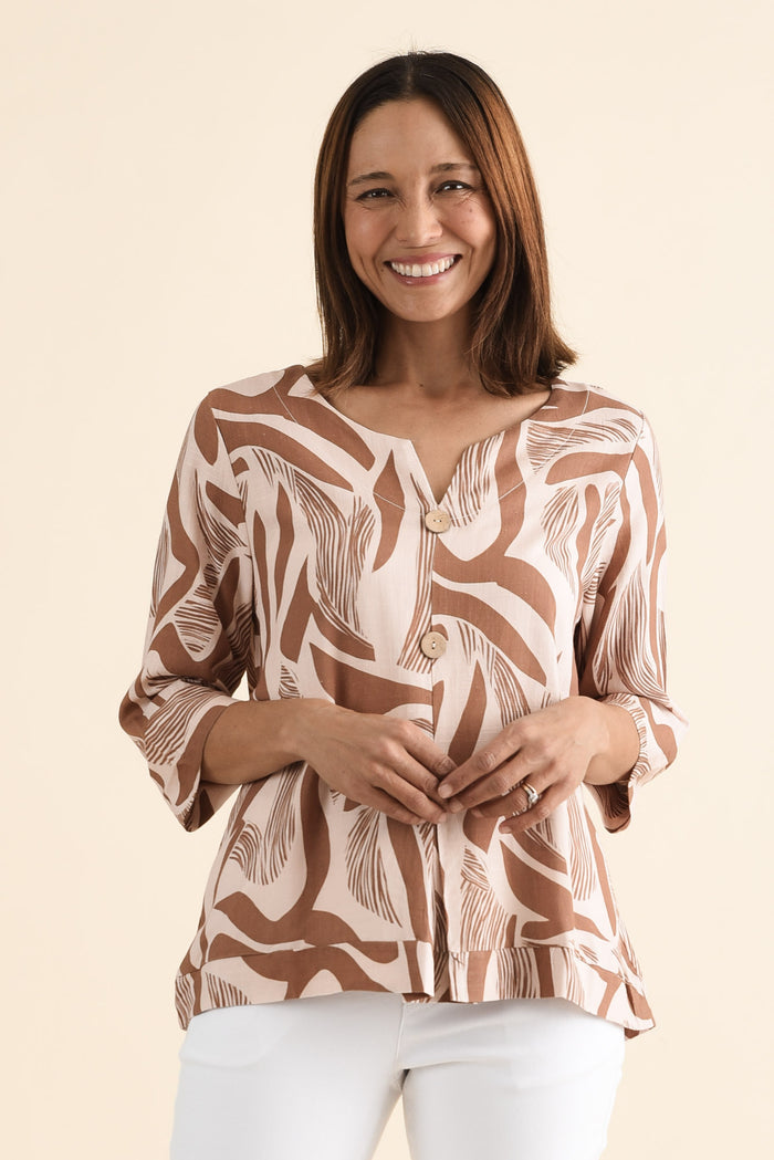 Augusta Tan Abstract Linen Cotton Top,brunette model,Front of Outfit,alt text|model:Cara