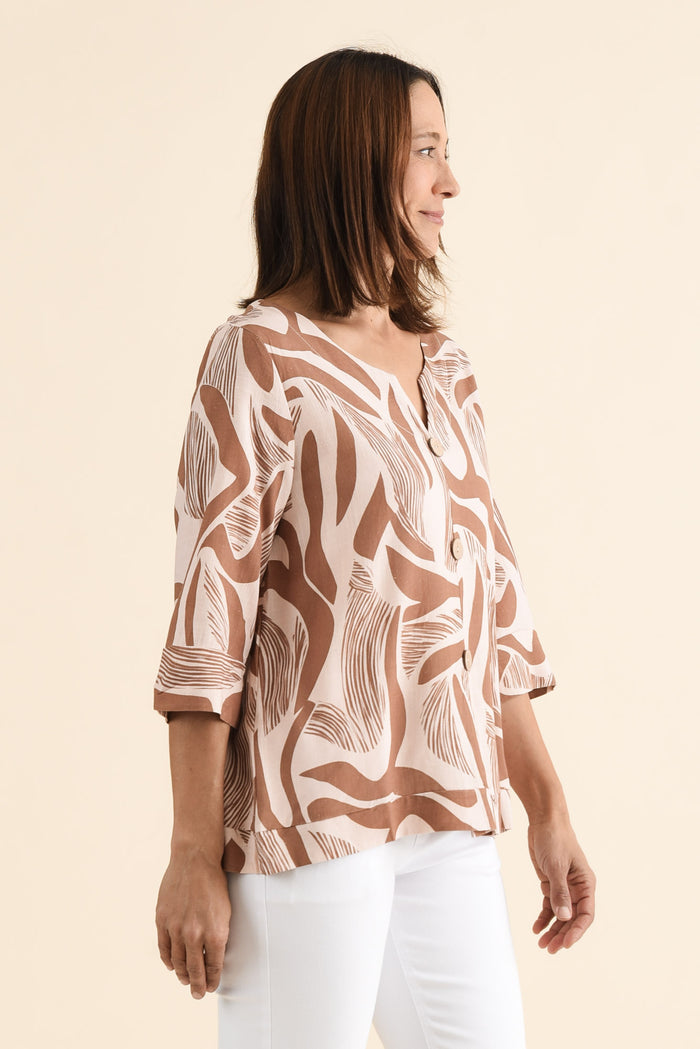 Augusta Tan Abstract Linen Cotton Top,brunette model,Side of Outfit,alt text|model:Cara