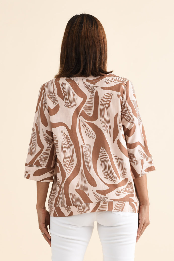 Augusta Tan Abstract Linen Cotton Top,brunette model,Back of Outfit,alt text|model:Cara