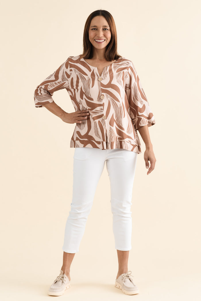 Augusta Tan Abstract Linen Cotton Top,brunette model,Full Outfit,alt text|model:Cara