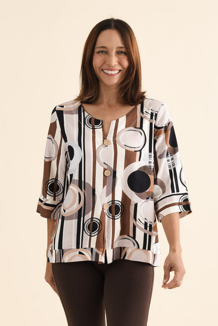 Augusta Tan Geo Linen Cotton Top,brunette model,Front of Outfit,alt text|model:Cara