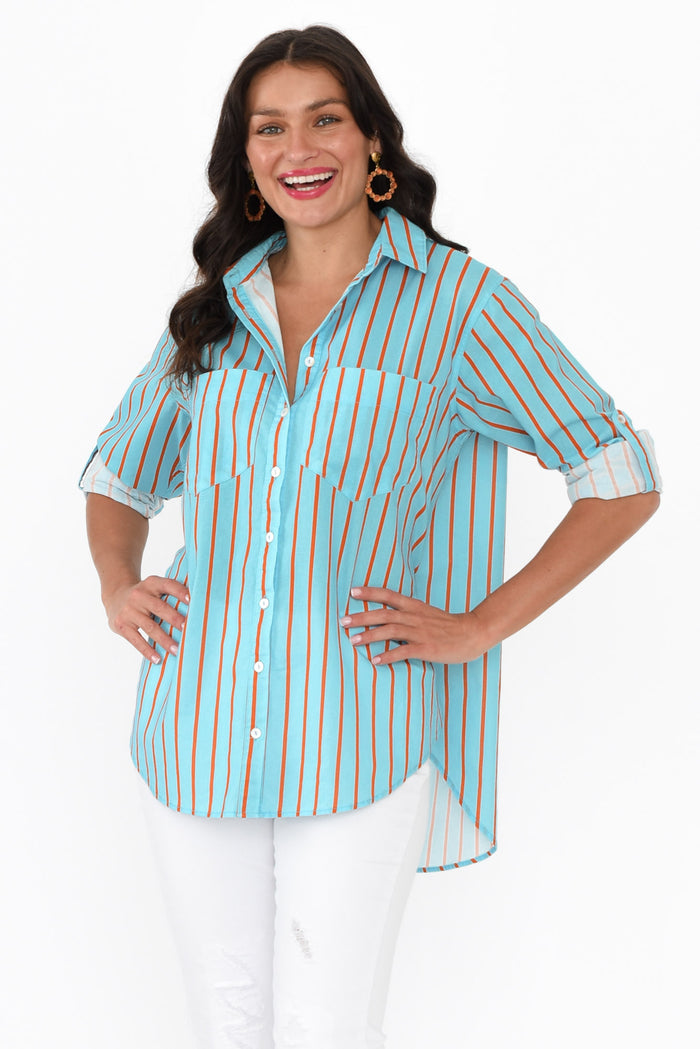 Austen Blue Stripe Cotton Shirt,Brunette model,alt text|model:Brontie