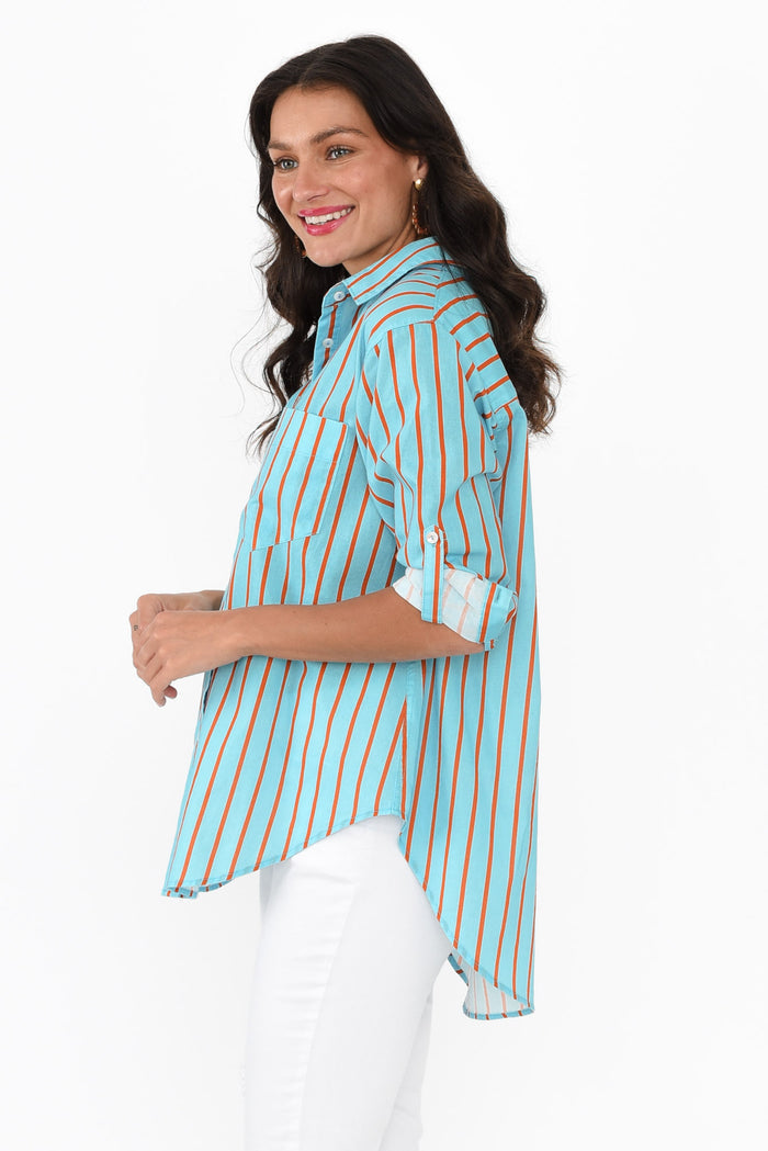 Austen Blue Stripe Cotton Shirt,Brunette model,alt text|model:Brontie