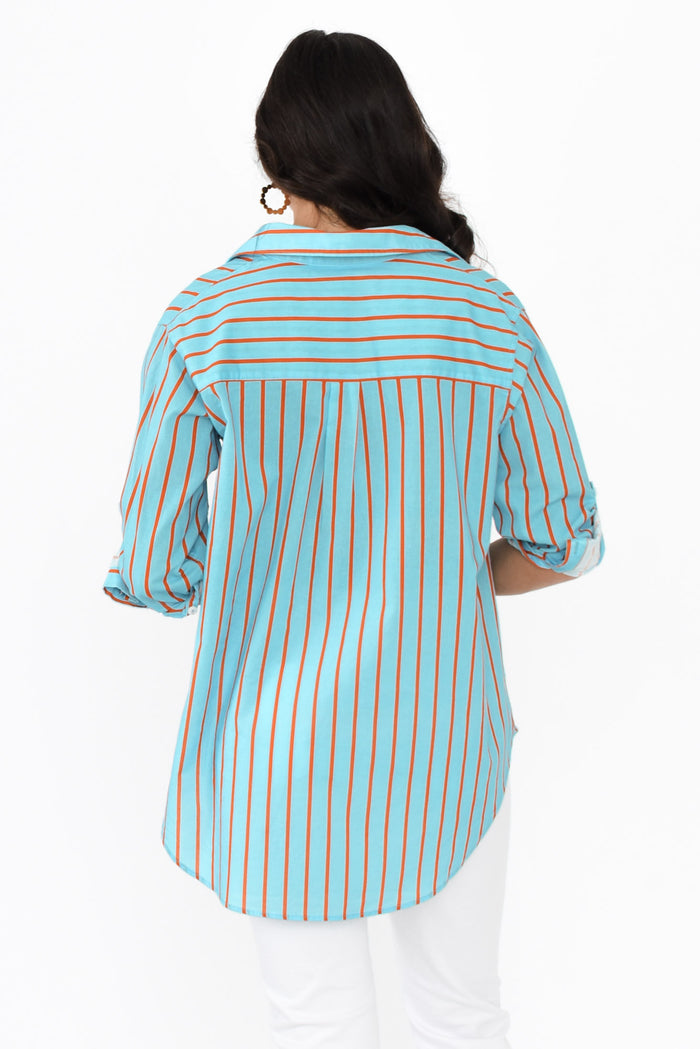 Austen Blue Stripe Cotton Shirt,Brunette model,alt text|model:Brontie