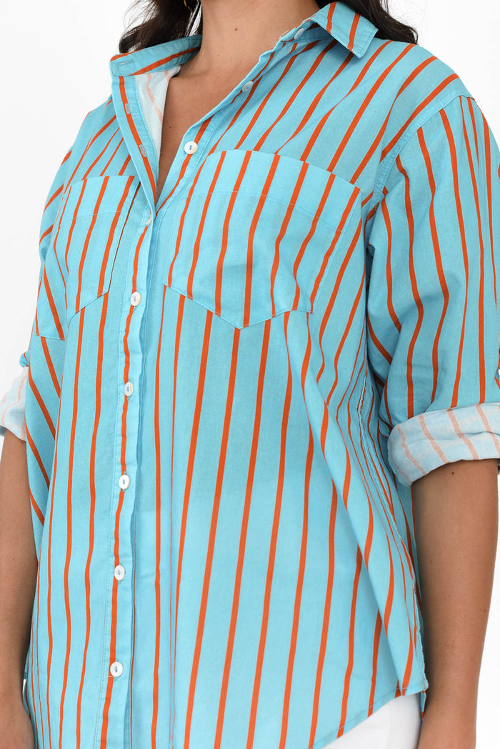 Austen Blue Stripe Cotton Shirt,Brunette model,alt text|model:Brontie
