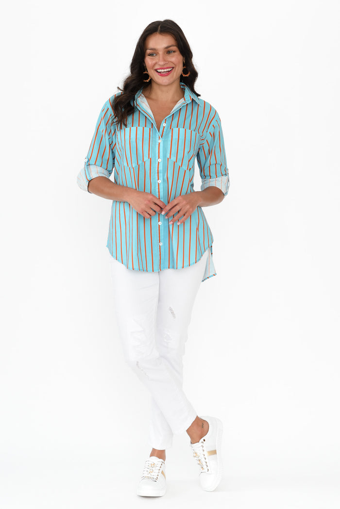 Austen Blue Stripe Cotton Shirt,Brunette model,alt text|model:Brontie