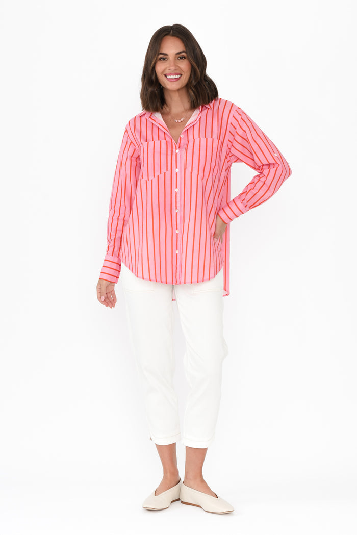Austen Pink Stripe Cotton Shirt,Brunette model,alt text|model:MJ