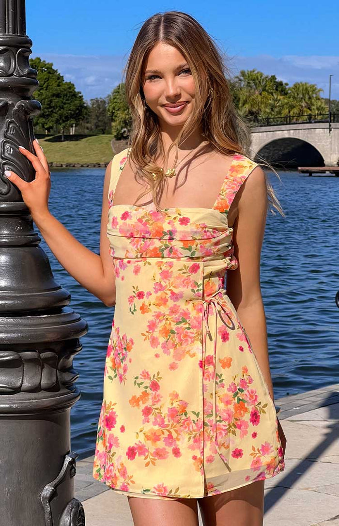 Aveta Yellow Bloom Tie Mini Dress