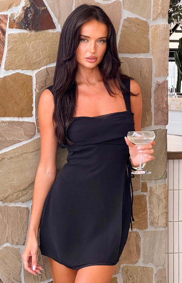 Beginning Boutique Avi Black Chiffon Mini Dress black chiffon square neck mini dress with wide straps and side tie ruching