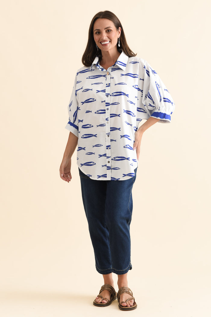Aylan Blue Sea Cotton Shirt,Brunette model,alt text|model:MJ