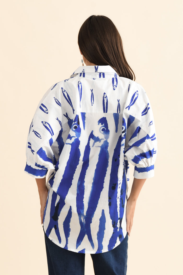 Aylan Blue Sea Cotton Shirt,Brunette model,alt text|model:MJ