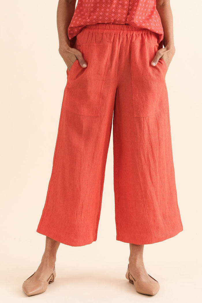 Balfour Orange Stripe Linen Pants,Front,Brunette model,alt text|model:Cara