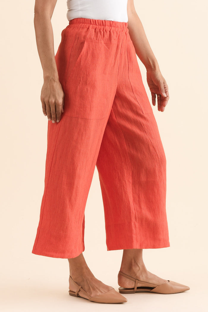 Balfour Orange Stripe Linen Pants,Side,Brunette model,alt text|model:Cara