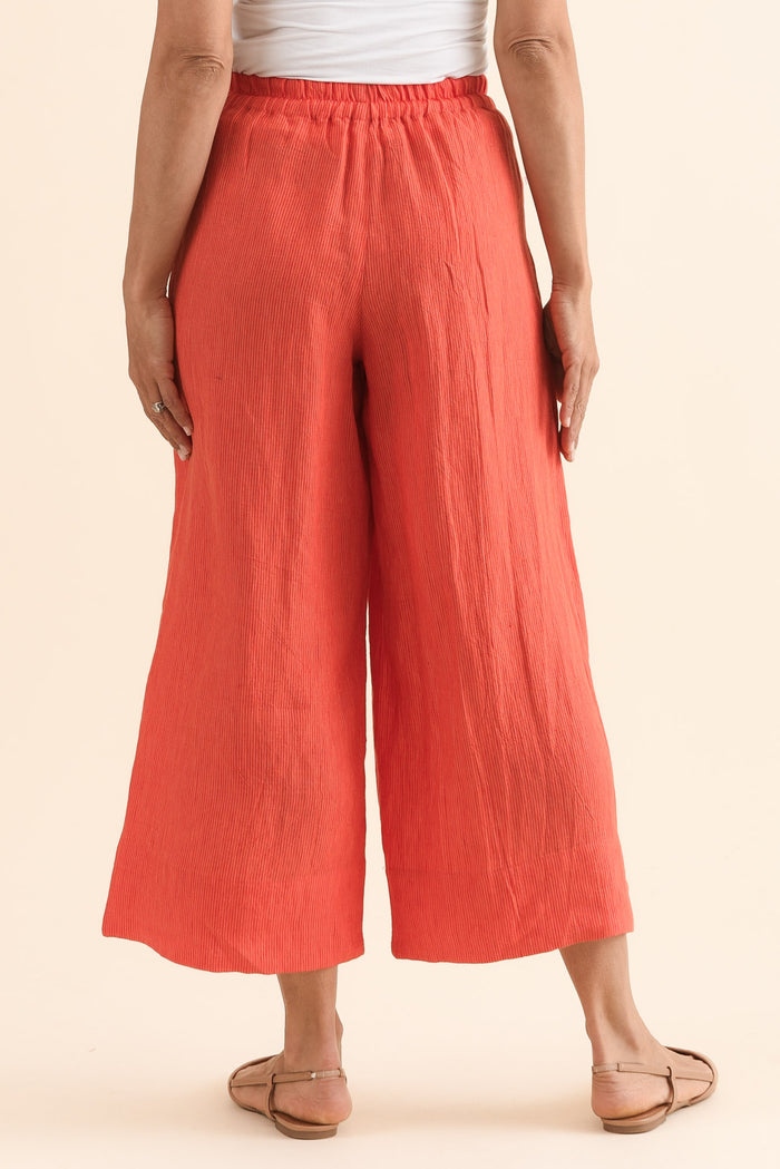 Balfour Orange Stripe Linen Pants,Back,Brunette model,alt text|model:Cara
