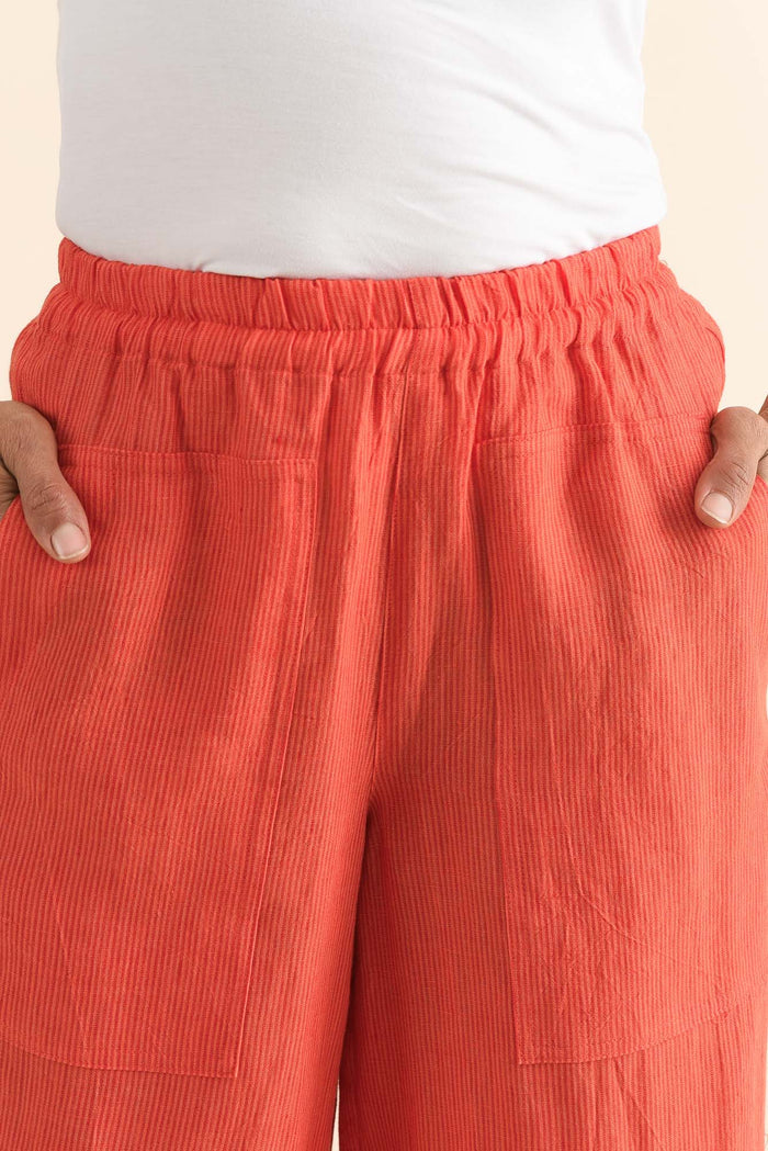 Balfour Orange Stripe Linen Pants,Detail,Brunette model,alt text|model:Cara