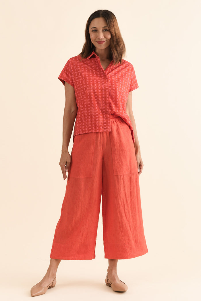 Balfour Orange Stripe Linen Pants,Full Body,Brunette model,alt text|model:Cara