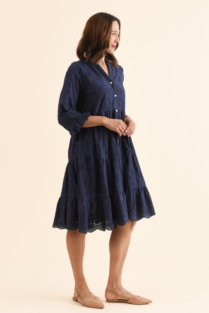 Banks Navy Cotton Embroidered Dress,Side,Brunette model,alt text|model:Cara