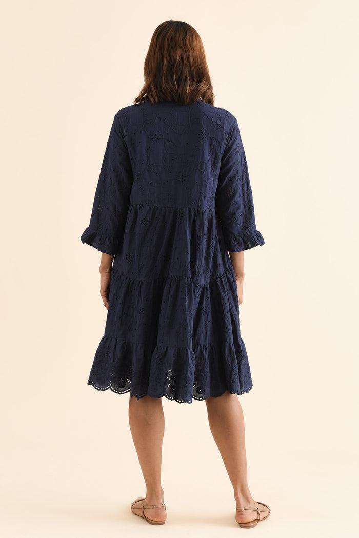 Banks Navy Cotton Embroidered Dress,Back,Brunette model,alt text|model:Cara