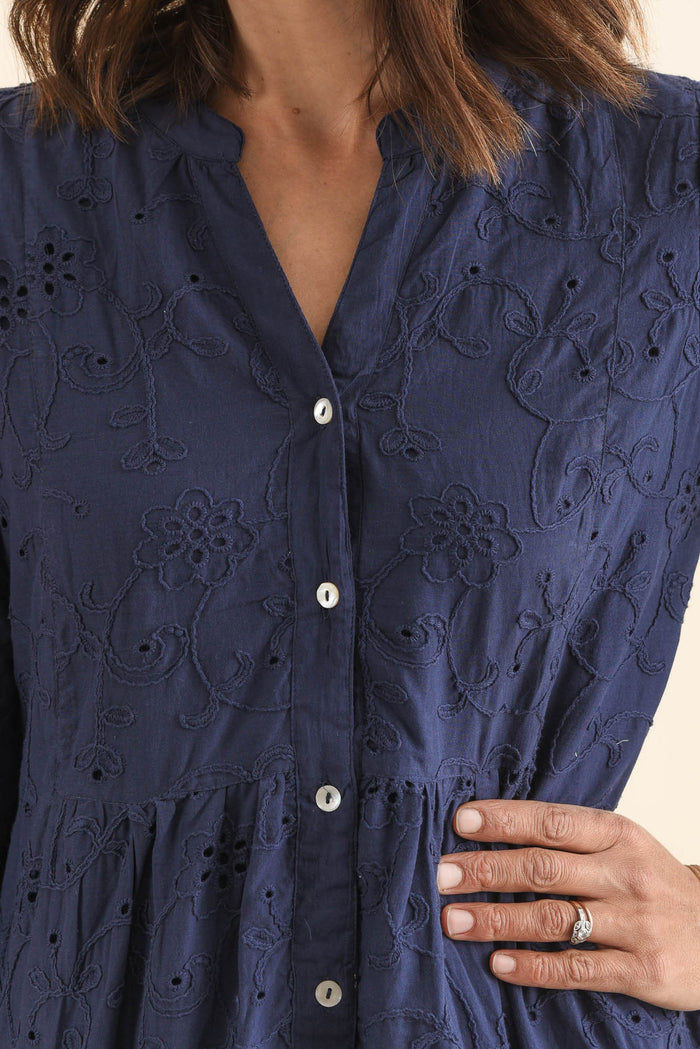 Banks Navy Cotton Embroidered Dress,Detail,Brunette model,alt text|model:Cara