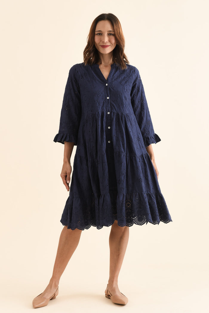 Banks Navy Cotton Embroidered Dress,Full Body,Brunette model,alt text|model:Cara