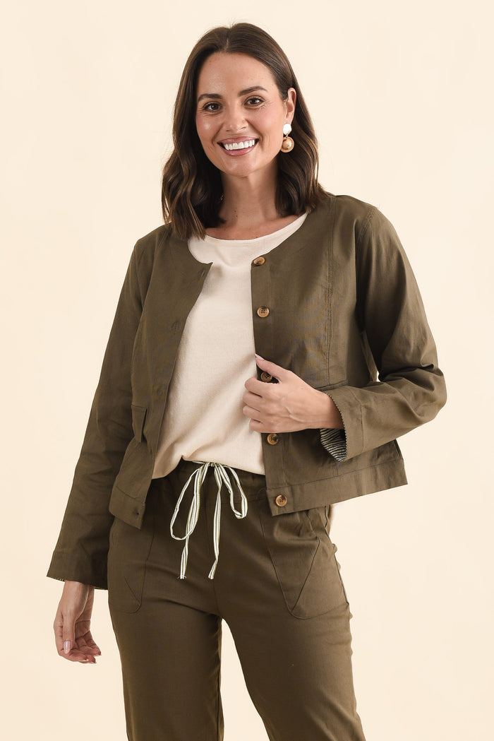 Barney Khaki Linen Blend Jacket,Brunette model,alt text|model:MJ
