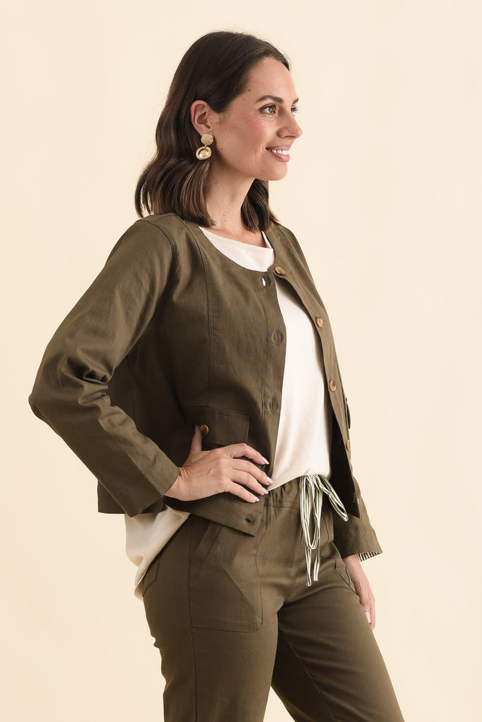 Barney Khaki Linen Blend Jacket,Brunette model,alt text|model:MJ