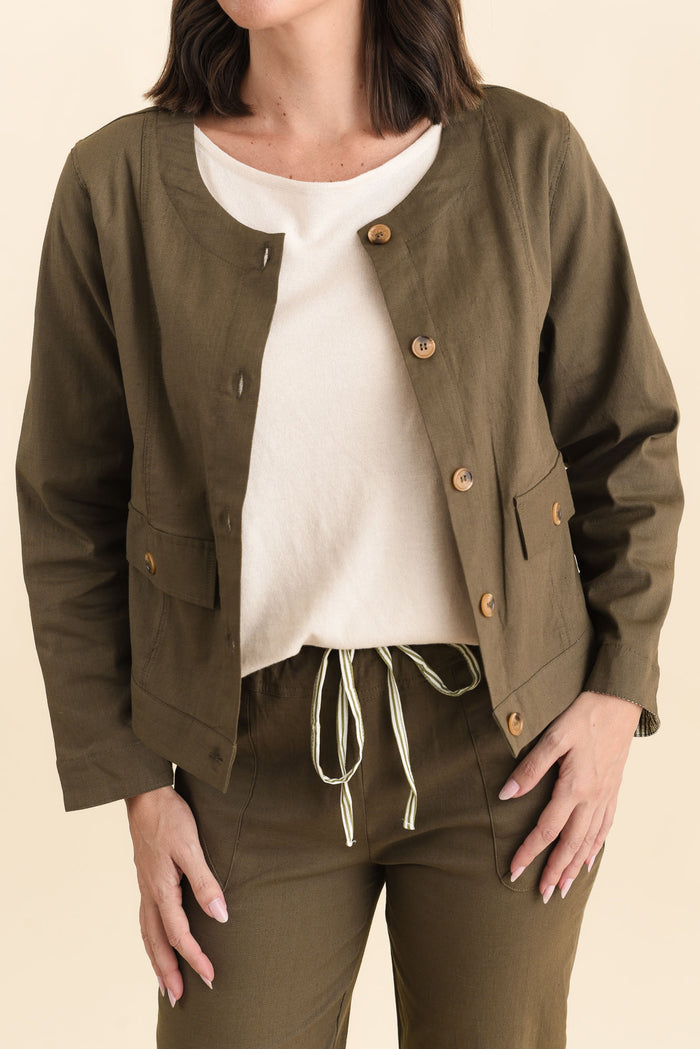 Barney Khaki Linen Blend Jacket,Brunette model,alt text|model:MJ