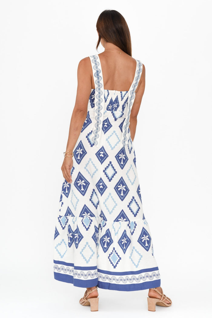 Bateau Blue Palm Linen Dress,Brunette model,alt text|model:Cara