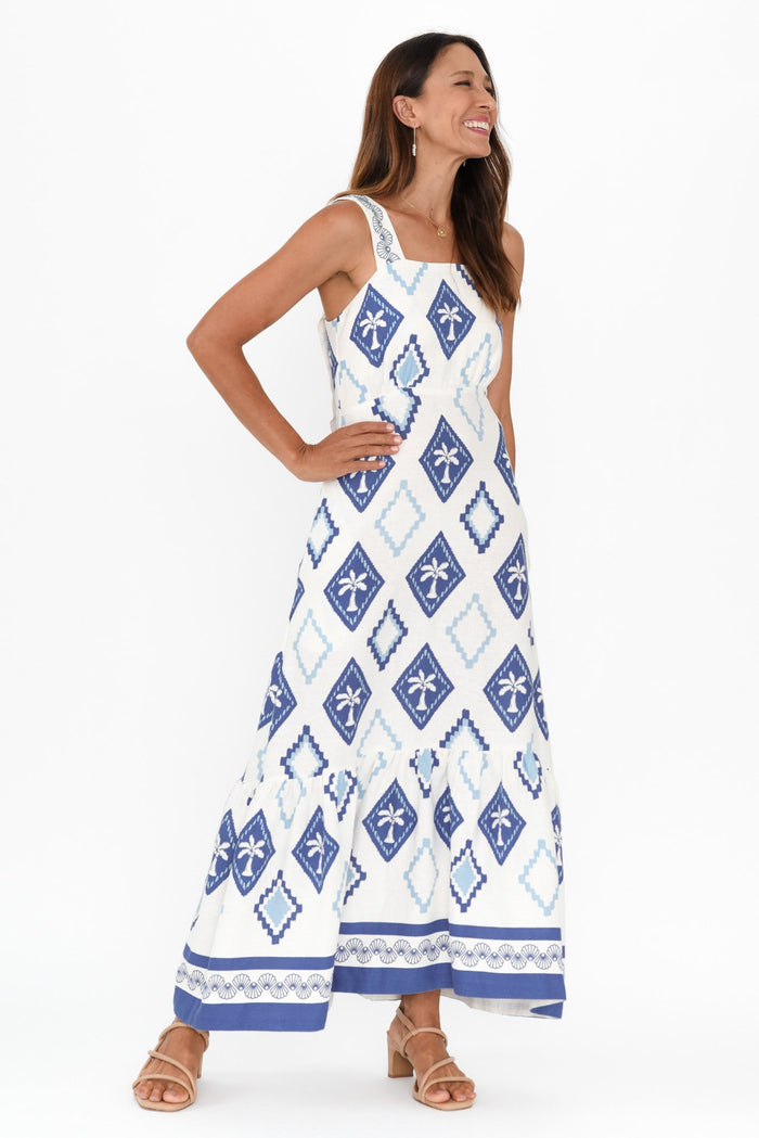 Bateau Blue Palm Linen Dress,Brunette model,alt text|model:Cara