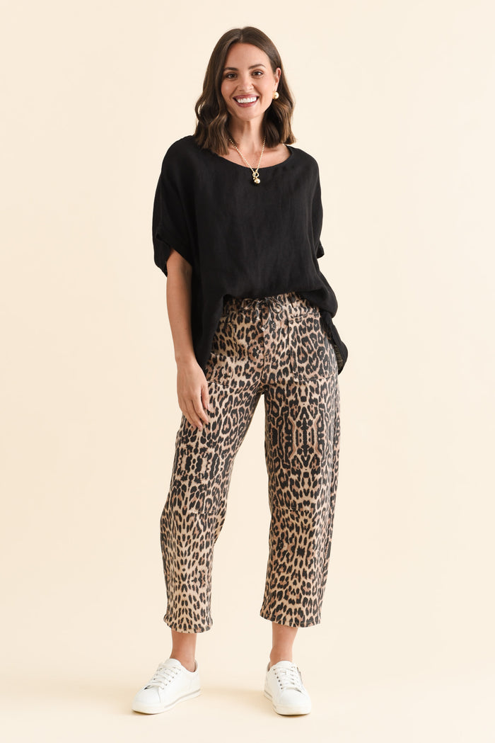 BB Barrel Brown Leopard Jeans,Brunette model,alt text|model:MJ
