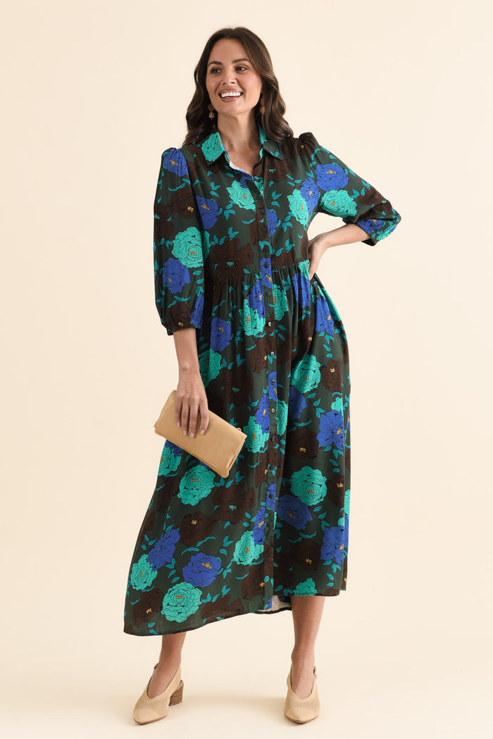 Beacon Green Flower Tie Dress,brunette model,Front of Outfit,alt text|model:MJ